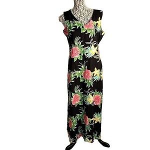 JANE ASHLEY Floral Maxi Dress Black Pink Green Sleeveless Hawaiian Style beach L